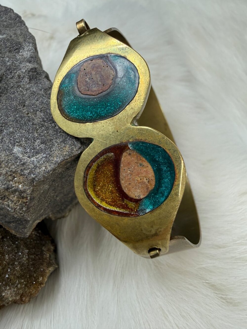 Vintage Mid-Century Modern Handmade Brutalist Inlaid Brass Bracelet